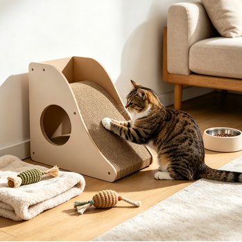 furbuddyqq.us Triangle Corrugated Cat Scratcher House, Stable Slope Cat Scratching Pad with Cat Toy Ropes, Eco-Friendly Cardboard Cat Scratch Lounge for Indoor Kittens & Adult Cats