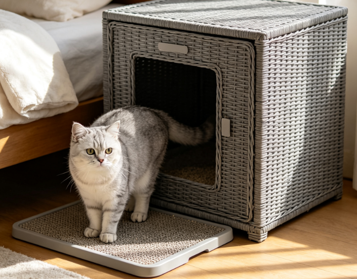 furbuddyqq.us Snughome Cat Litter Box Enclosure Furniture Hidden with Cat Litter Mat, Hidden Cat Washroom Furniture with Door, Handwoven Rattan Cat Washroom Box, Indoor Pet House for Living Room, Bedroom(Grey)