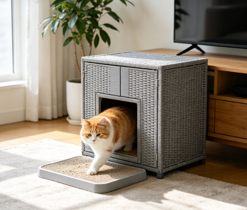furbuddyqq.us Snughome Cat Litter Box Enclosure Furniture Hidden with Cat Litter Mat, Hidden Cat Washroom Furniture with Door, Handwoven Rattan Cat Washroom Box, Indoor Pet House for Living Room, Bedroom(Grey)